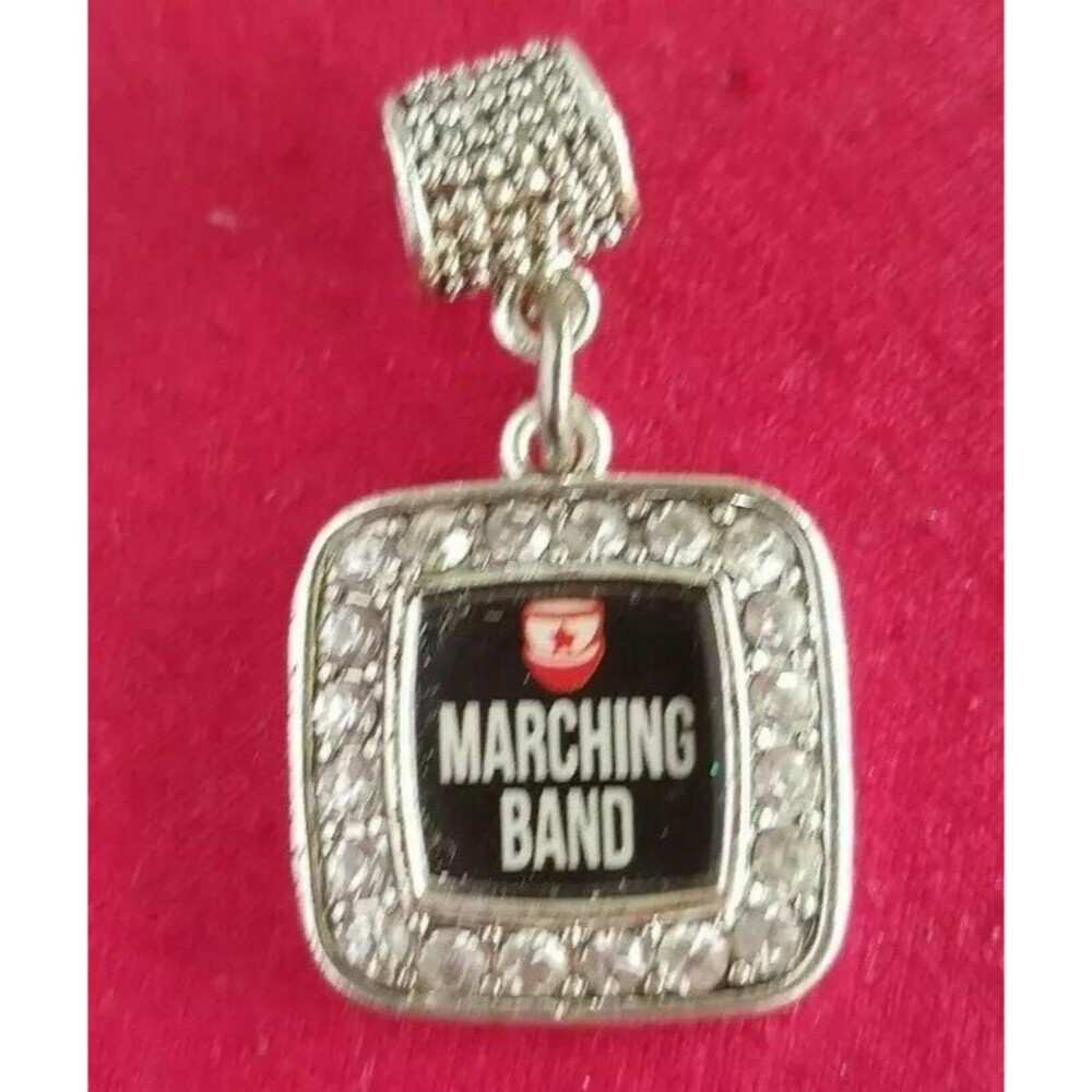 Marching Band Red Star Silver Tone Rhinestones square pendant